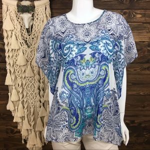 Studio Y | Sheer Paisley Open Back High Low Tunic Top